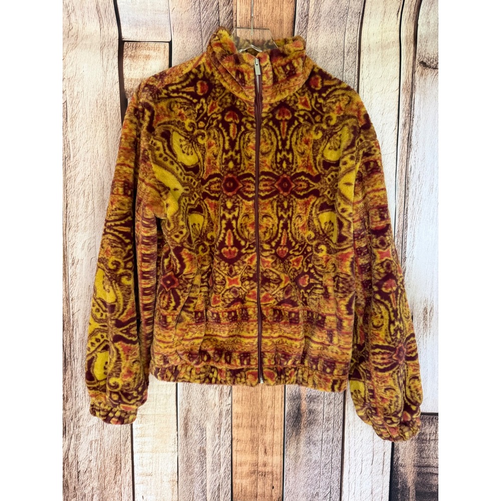 Urban Outfitters Paisley Tapestry Faux Fur Plush Jacket Boho Statement Small
